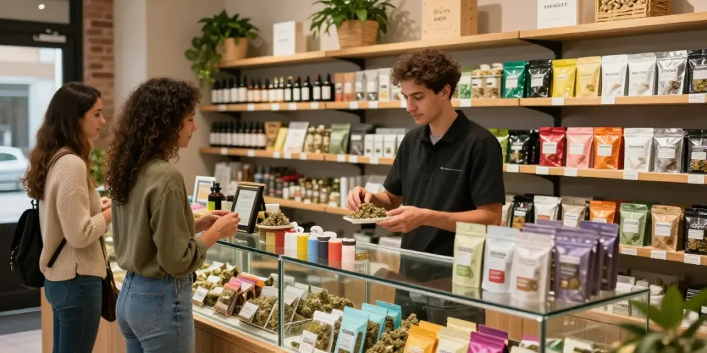 Engaging cannabis store showcasing the best hash mom Canada selection with knowledgeable staff assisting customers.
