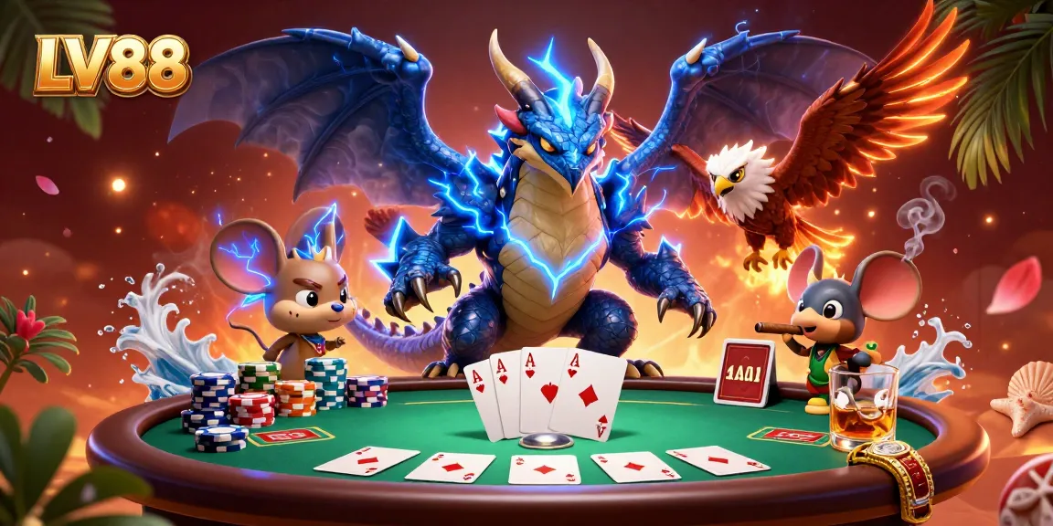 Engage in dynamic gambling action at LV88 with poker tables, colorful chips, and thrilling characters.