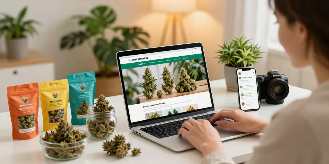 Engaged customer shopping for weed online UK at home, showcasing premium cannabis products.