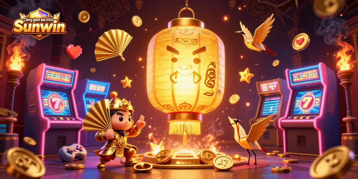 Cổng game bài đổi thưởng Sunwin showcases exciting 3D casino elements with golden lantern spirit and arcade style