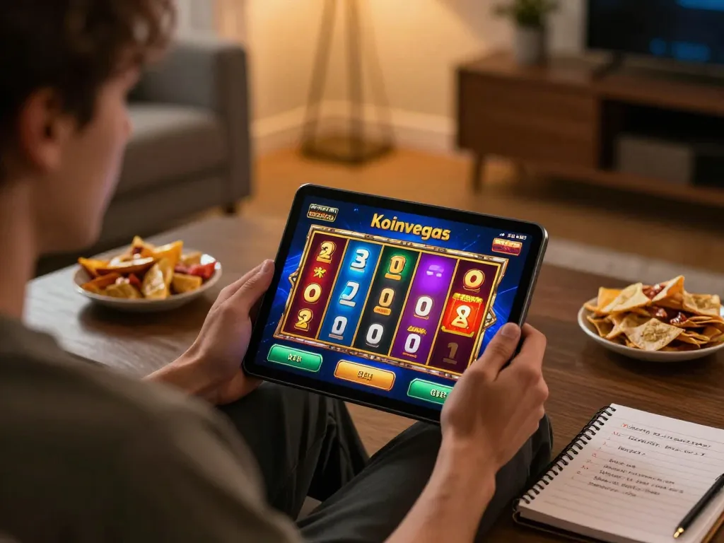 Koinvegas slot gameplay on a tablet, showcasing vibrant graphics in a cozy home setting.