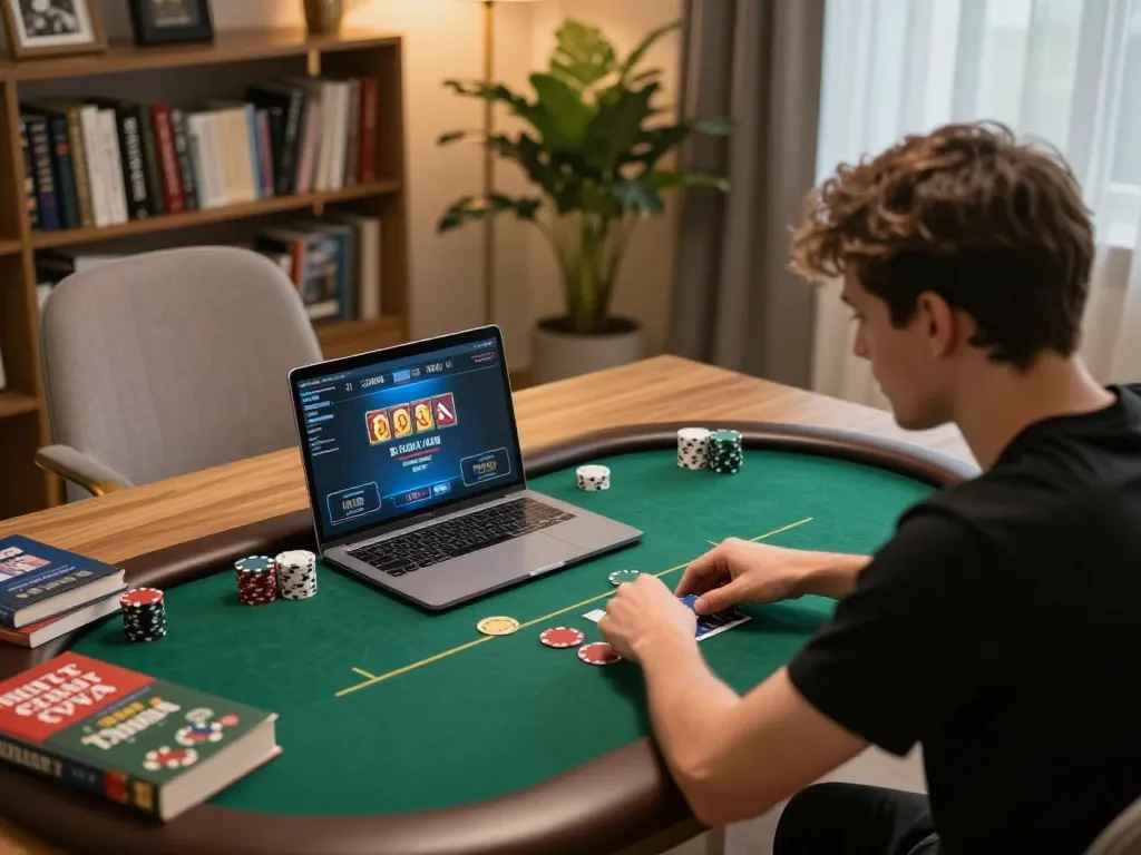 Player strategizing a poker game on 99win with betting notes visible, cozy home setting.