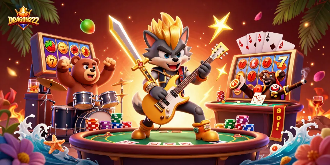 Experience big wins with DRAGON222 in an electrifying casino scene featuring dynamic slot and poker action.