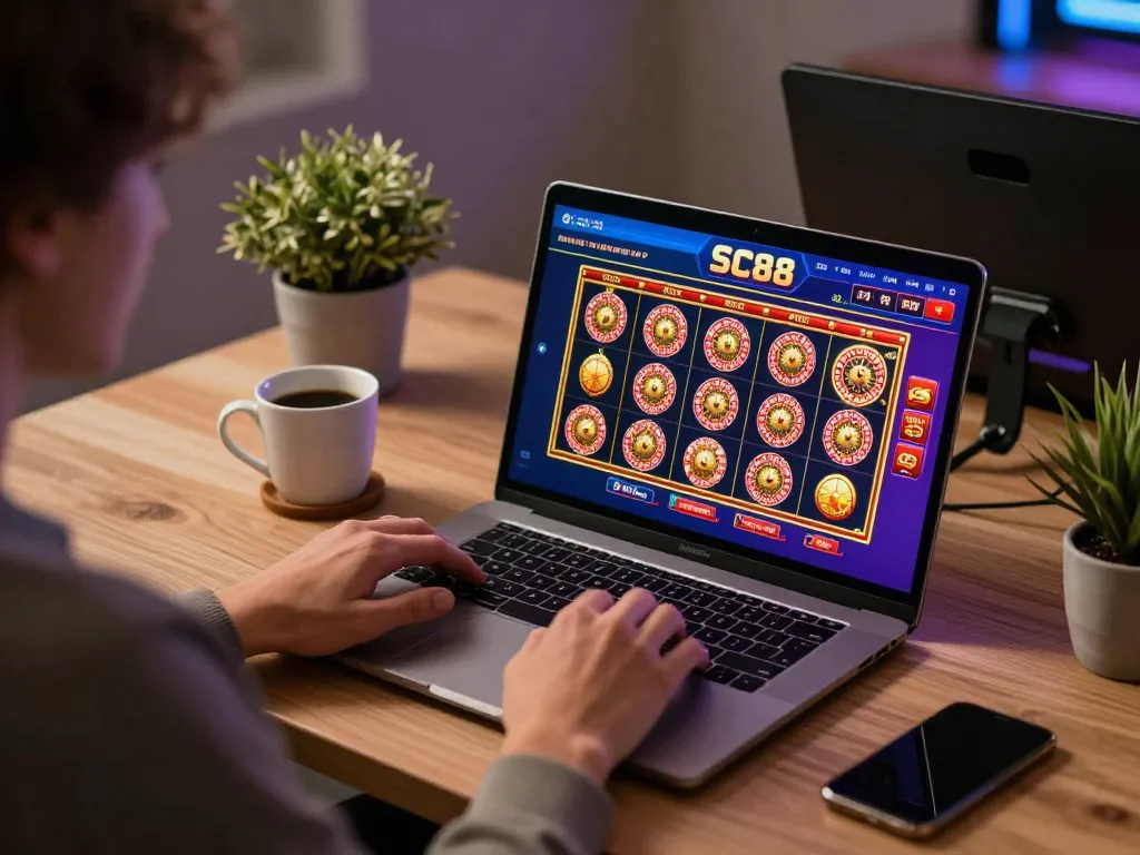 Engaged player exploring trang chủ sc88 online casino games on their laptop from a cozy home setting