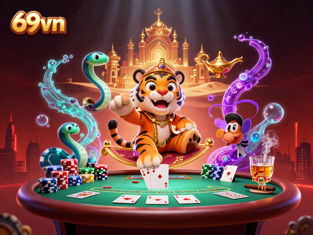 Experience the thrill of 69vn with a vibrant 3D casino scene featuring a tiger sultan and poker elements.