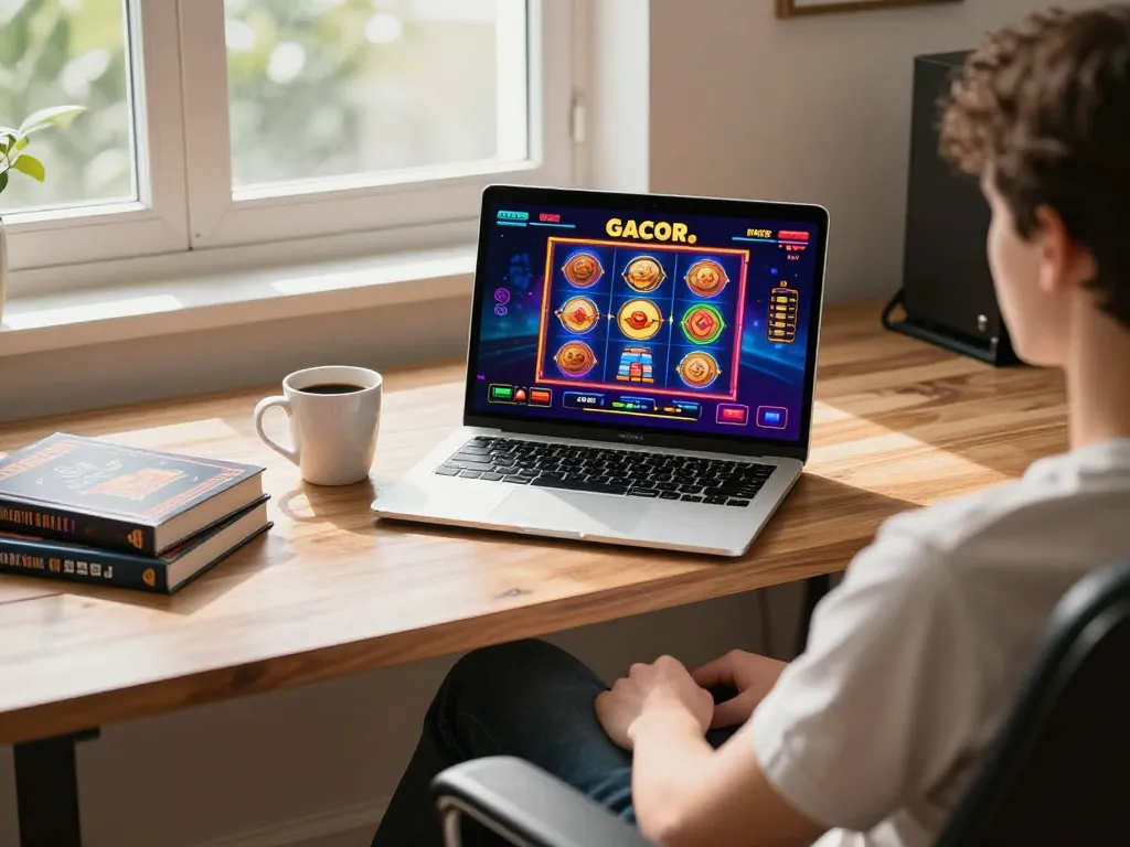 Engaging in a slot gacor game online at home with strategic notes and vibrant screen