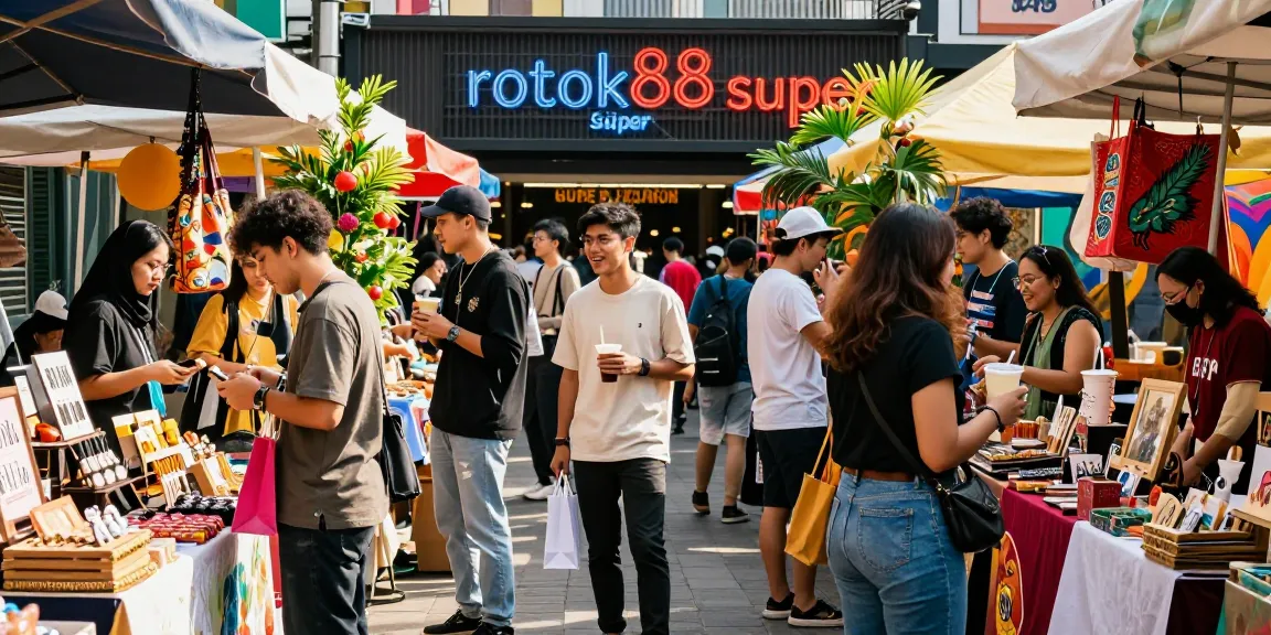 Group of young adults enjoying a vibrant marketplace featuring rokok88 super products.