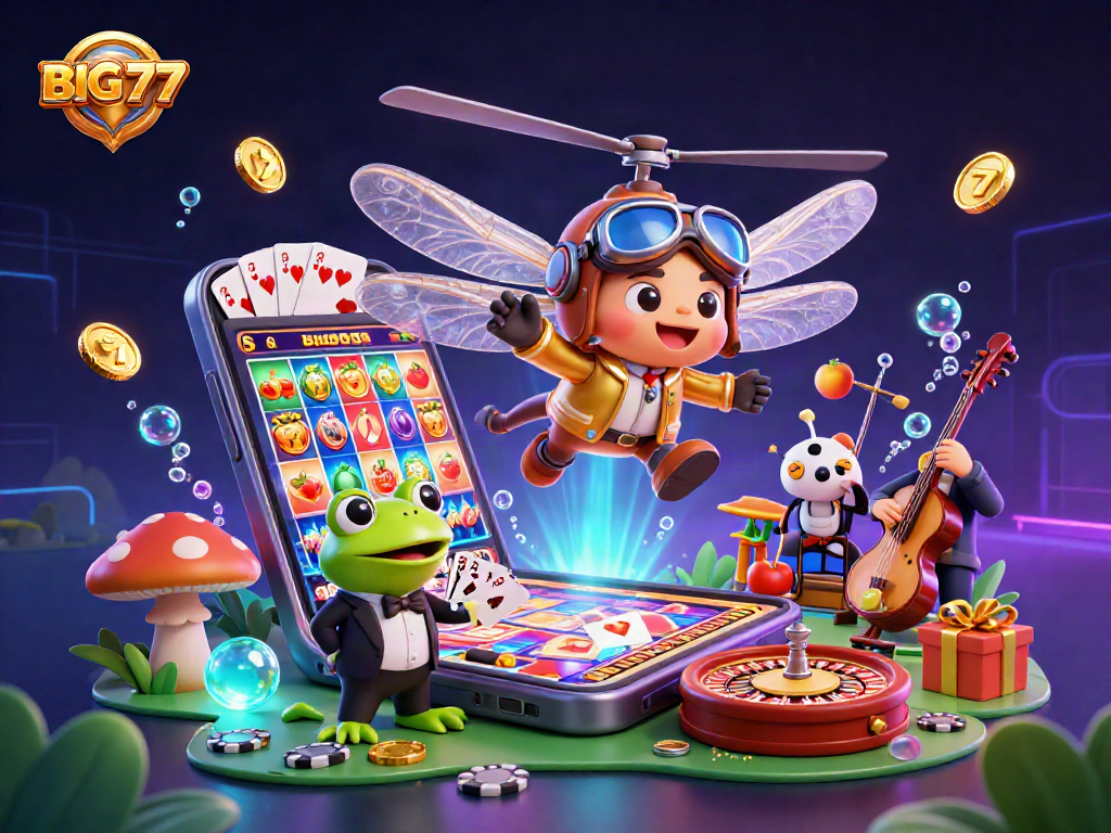 BIG777 showcases the vibrant casino scene with a dragonfly pilot and frog croupier, filled with exciting gambling action.
