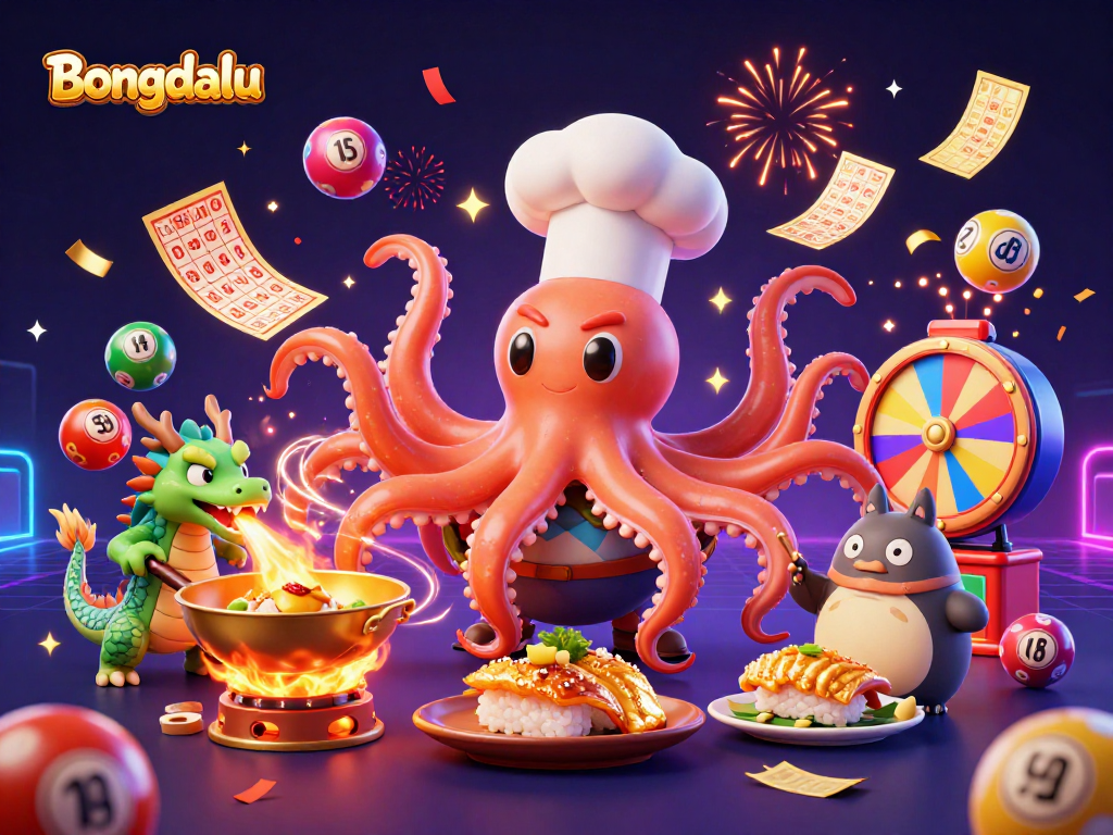 Bongdalu brings excitement alive with a vibrant 3D scene of an octopus chef, dragon, and tanuki amid lottery festivities.