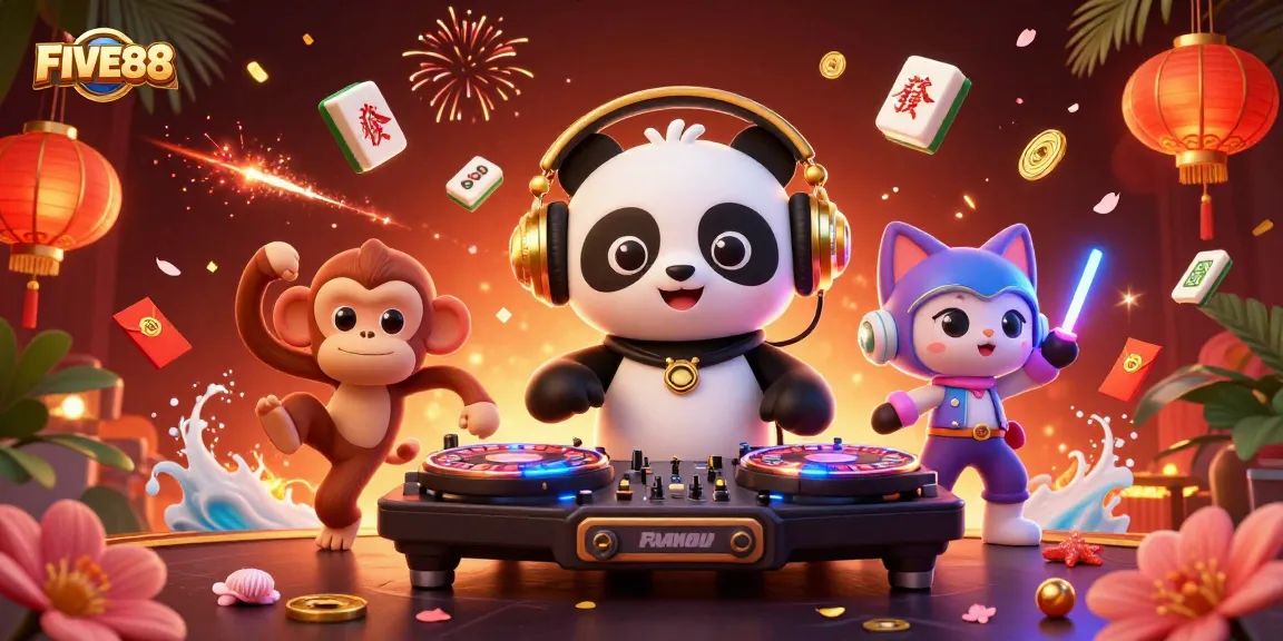 Experience the excitement of FIVE88 with a DJ panda and vibrant casino elements in a festive scene.