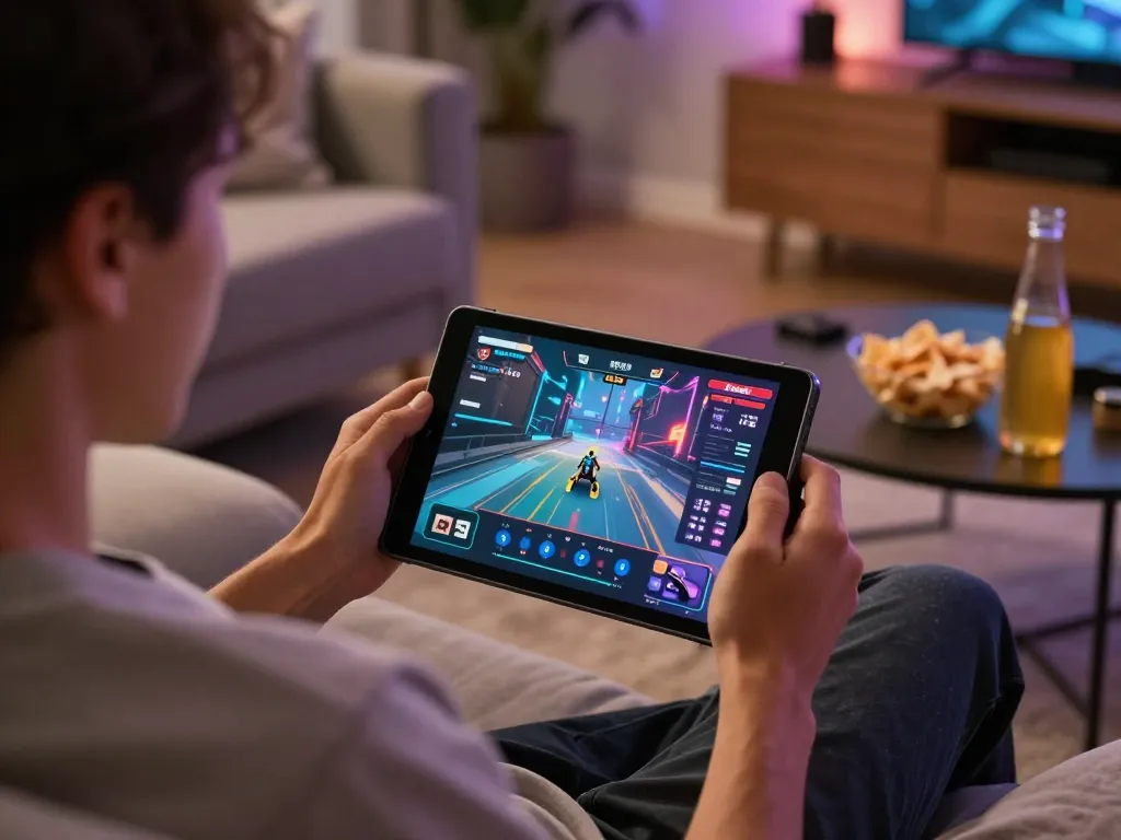 Engaging with NSFW games on a tablet in a comfortable home setting while enjoying snacks and drinks.
