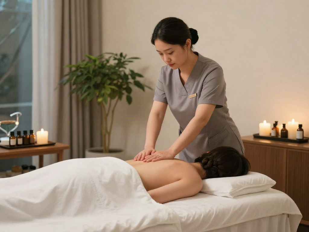 Relaxation session showcasing 광진구출장마사지 with a therapist providing a calming massage in a serene home spa.