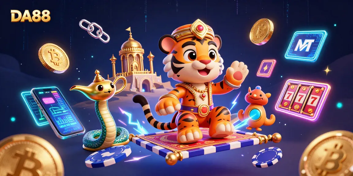 Experience the thrill of winning with DA88's immersive gambling adventures featuring slot reels and a magical Arabian theme.