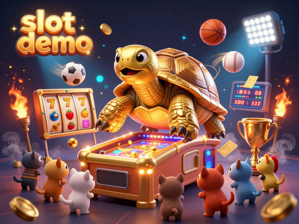 Slot demo yang menampilkan karakter kura-kura emas sebagai mesin pinball, menarik perhatian dengan elemen slot dan koin emas.