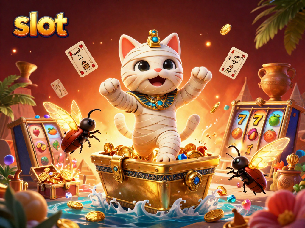 Spin the slot reels as the Egyptian mummy cat bursts from a sarcophagus in a vibrant casino.