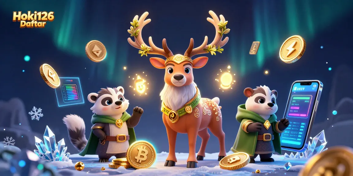 Engage with Hoki126 Daftar in vibrant 3D casino-themed illustration featuring mystical characters and crypto coins.