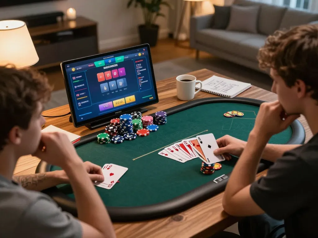 Engaged player strategizing on cm88-bet poker game with vibrant interface in cozy home setting