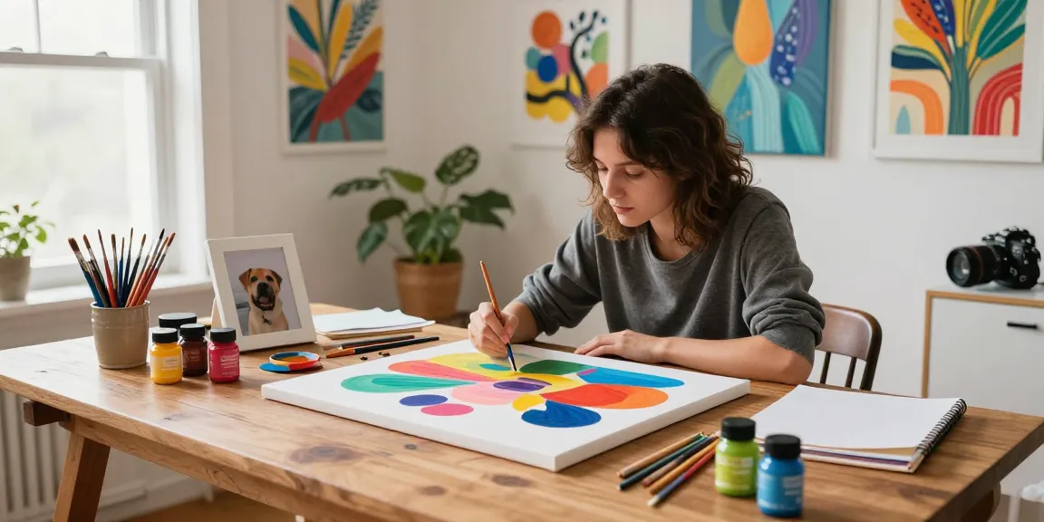 Engaged artist painting by number on canvas with vibrant acrylics in a well-lit home studio.