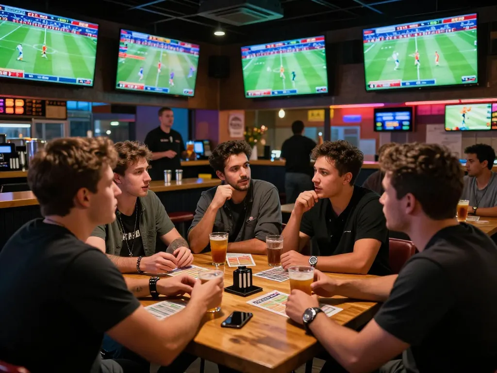 Friends enjoying a thrilling betting experience at sunwin during live sports matches at a bustling sports bar.