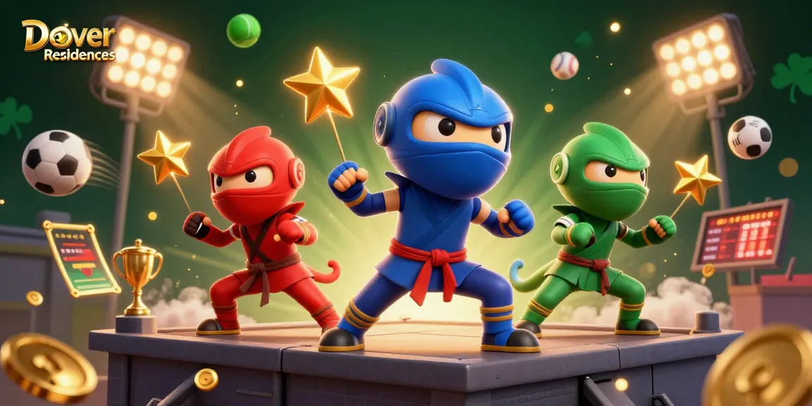 Dover Residences showcases chameleon ninjas engaging in synchronized martial arts amidst vibrant sports gambling elements.