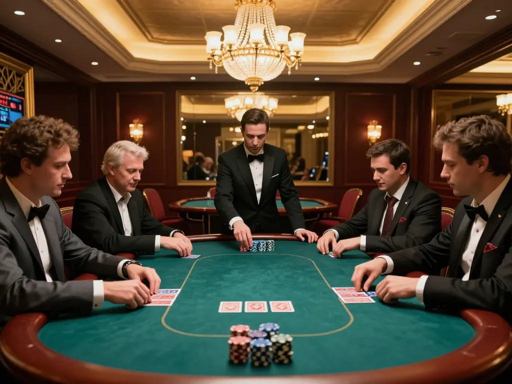 Players enjoy high-stakes poker at a luxurious VIP room in 789bet casino, capturing the thrilling atmosphere