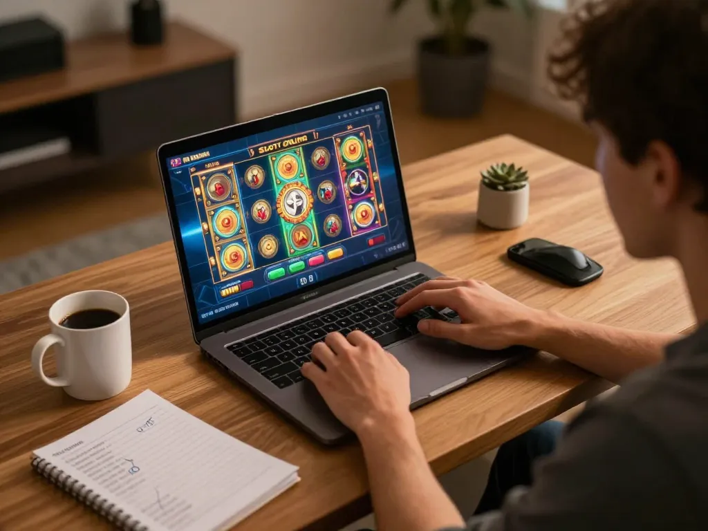 Engaging Slot Online gameplay displayed on laptop showing vibrant graphics while the player strategizes.