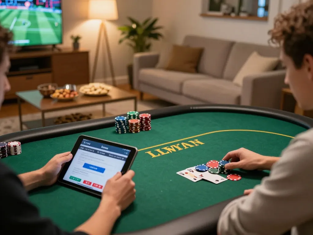 Engaging in poker strategies with LLWIN Function on tablet, warm home atmosphere, competitive gaming.