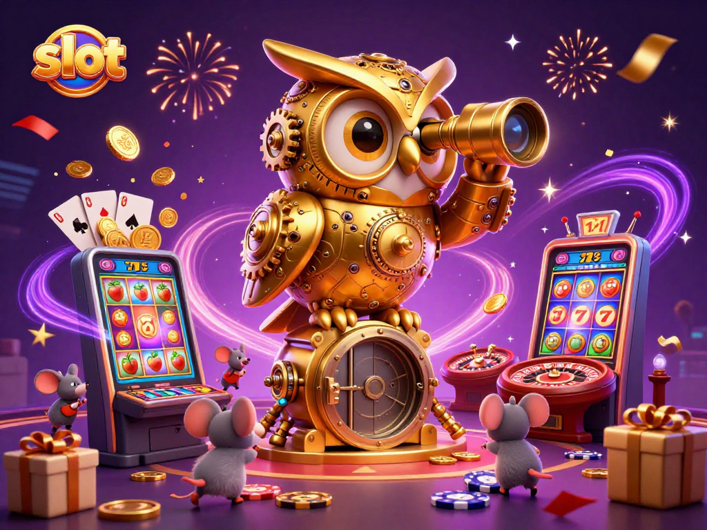 Slot menarik dengan burung hantu mekanik mengawasi penari di kasino, penuh elemen permainan.