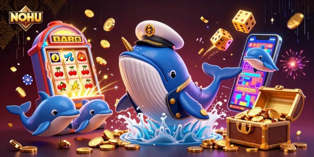 Experience thrilling jackpots at NOHU, featuring a whimsical 3D whale and dynamic casino elements.