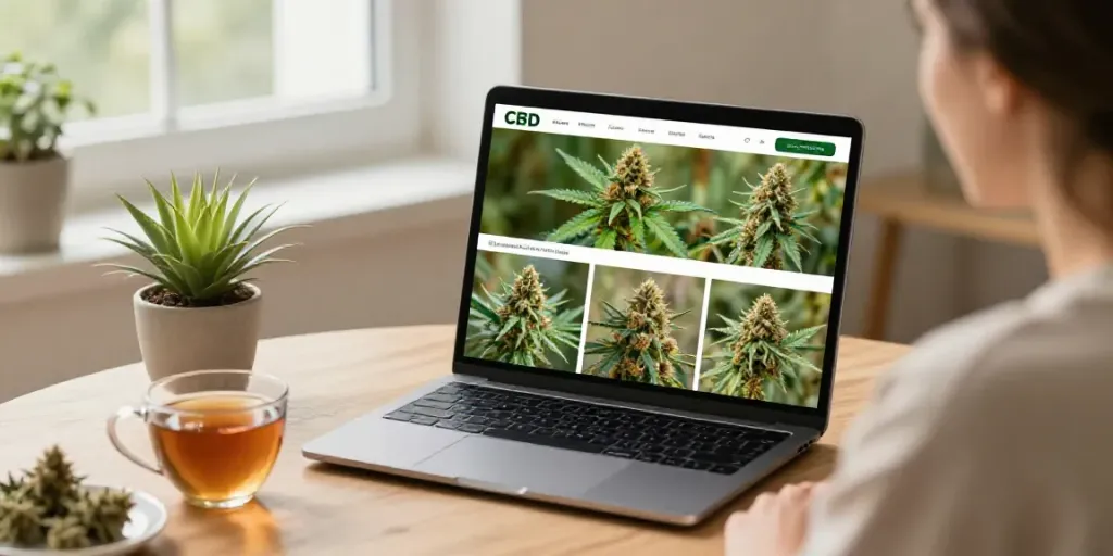 Explore premium CBD Blüten kaufen in a cozy online shopping scene.