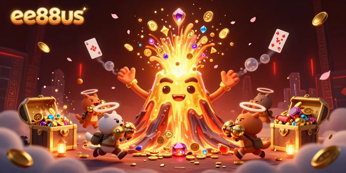 Experience the excitement at ee88us with golden volcanoes erupting treasures in an enchanting casino scene.