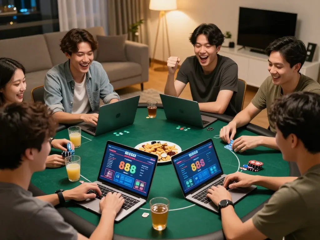 Friends enjoying a fun88 poker night at home with laptops, drinks, and snacks.