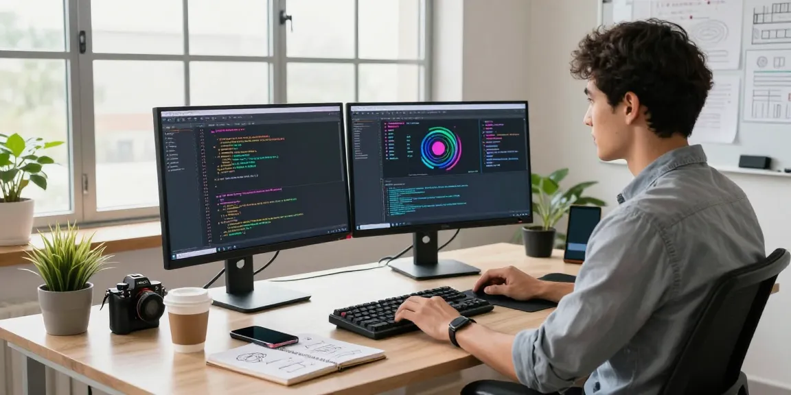 Developer showcasing telegram中文版下载 in a modern workspace with code on multiple monitors, coffee, and plants.