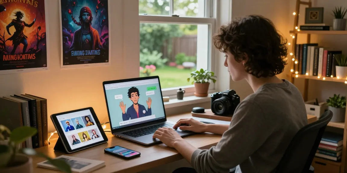 Engaging in ai nsfw chat in a cozy home office with vibrant decor and technology.