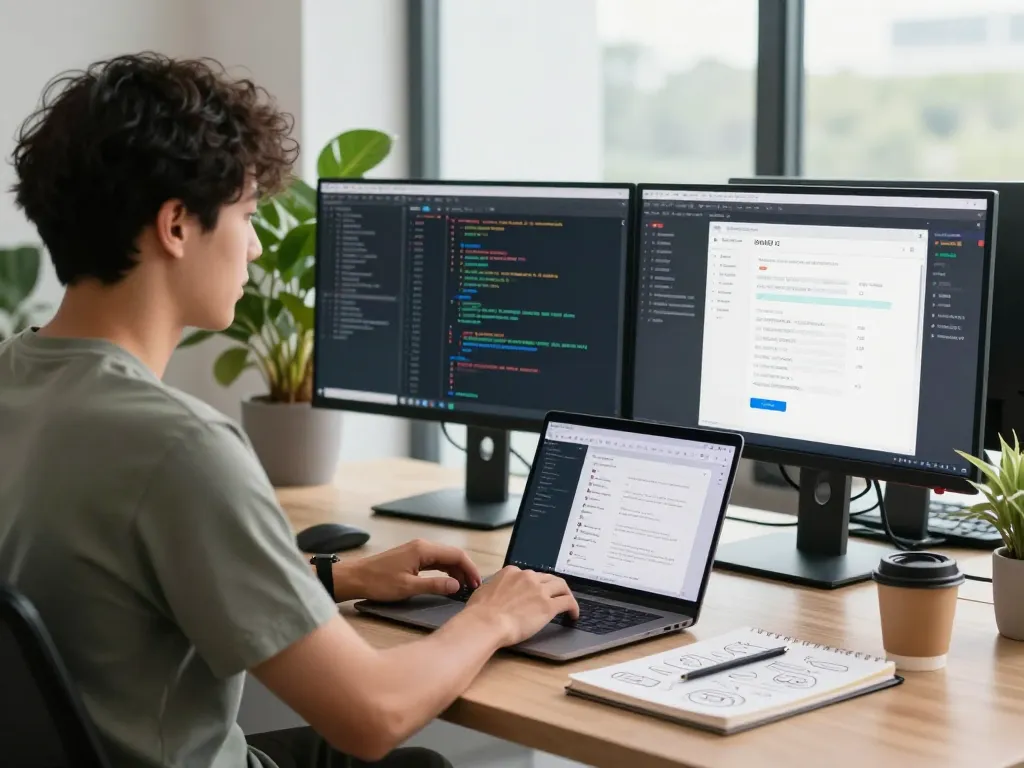 Developer working with OpenClaw on dual monitors in a bright modern office