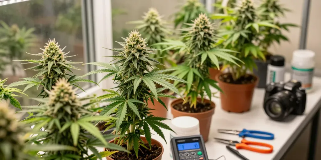 Vibrant feminised cannabis seeds growing under LED lights in a indoor garden.