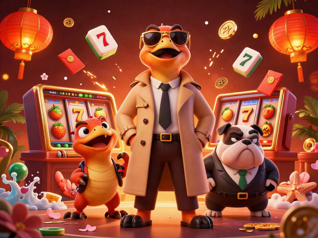 Raptors disguised as a tall person attempt casino entry, surrounded by lively gaming symbols.
