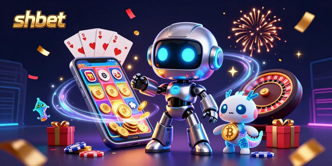 Engage with shbet's exciting games in this vibrant casino-themed illustration featuring a robotic mascot and digital companions.