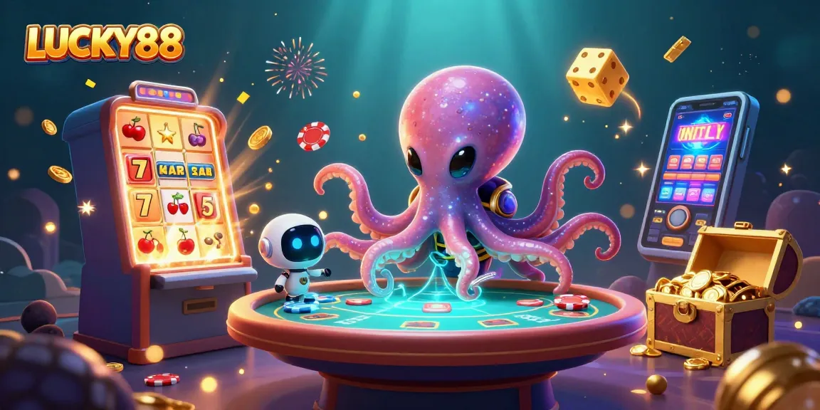 Experience the excitement of LUCKY88 with a vibrant casino scene featuring an alien octopus and treasure!