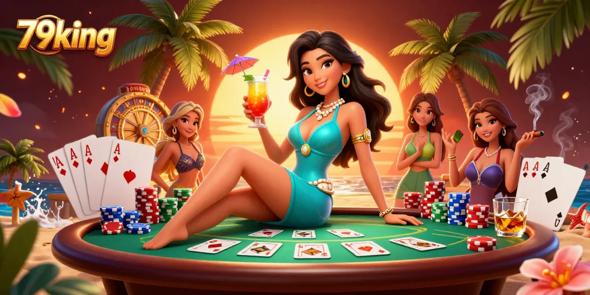 Play exciting games and win big at 79king, featuring vibrant casino elements and a stunning beach backdrop.