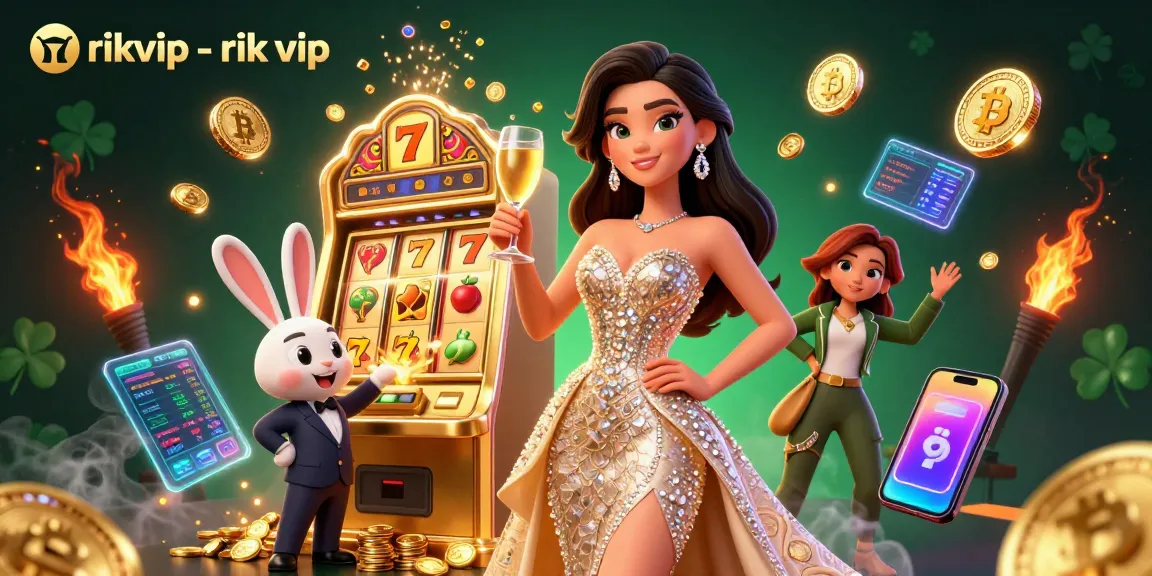 Experience excitement at rikvip - rik vip with a stunning woman celebrating beside a golden jackpot.