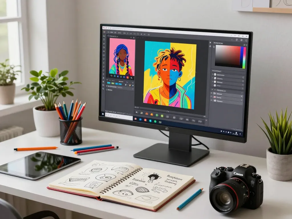 Artist using Nano Banana AI image editor on a vibrant digital workspace, showcasing creativity and innovation.