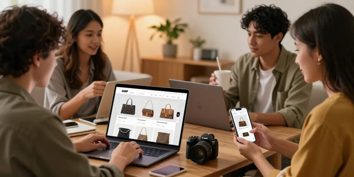 Shopping for high-quality 레플리카 사이트 products in a cozy home setting, showcasing stylish accessories.