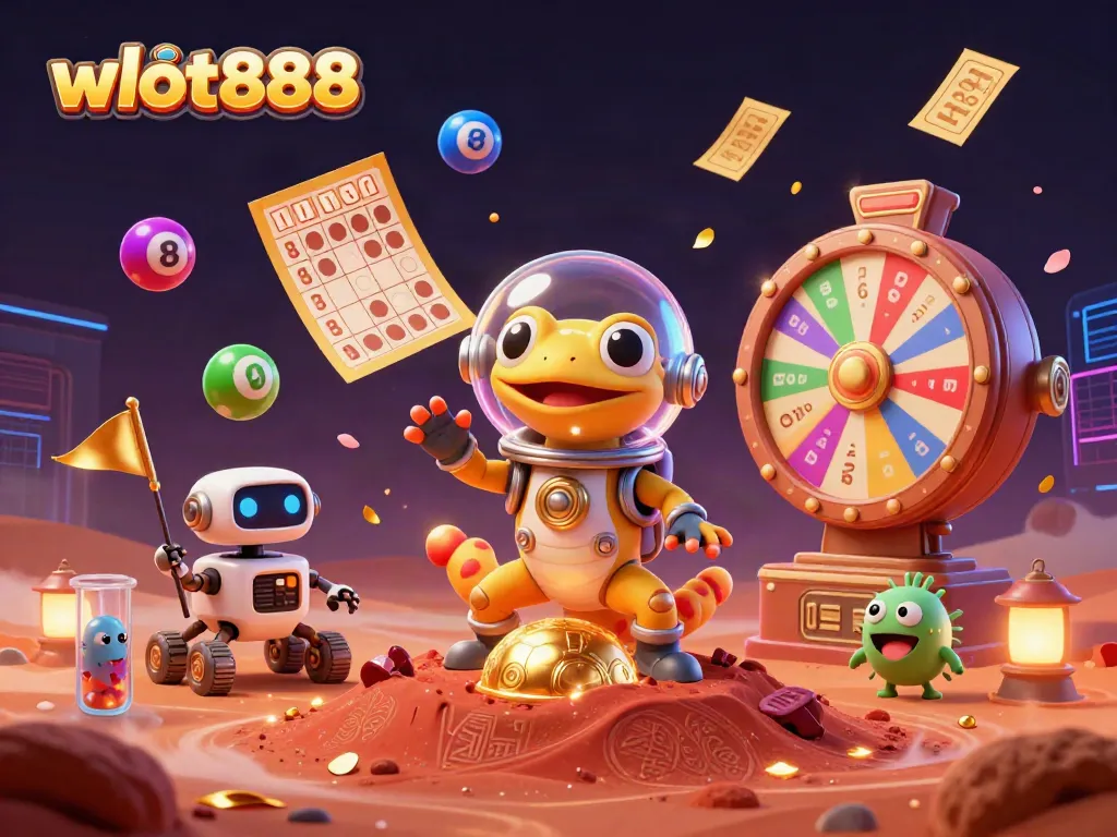 Gambarkan keseruan bermain di wslot888 dengan Martian gecko dan robot, jackpot yang berkilau, berwarna cerah dan menarik.