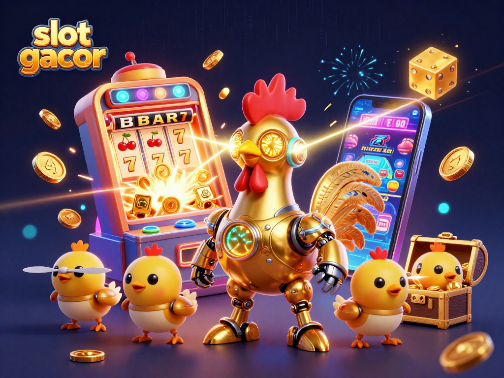 Experience thrilling slot gacor action with a golden rooster robot and vibrant casino elements.