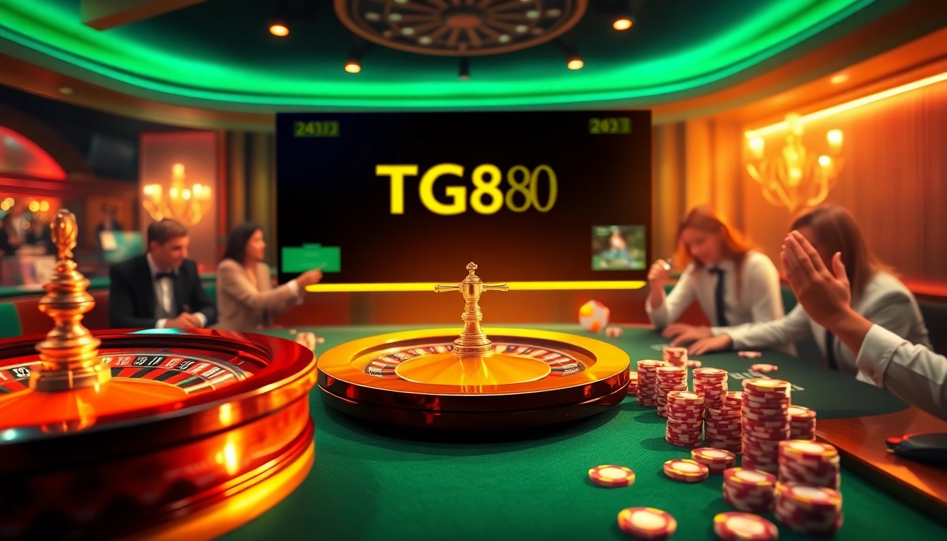 TG88 casino showing a vibrant online gambling scene with roulette wheel, poker chips, and players enjoying their games.