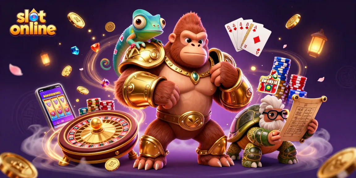 Mainkan slot online dengan karakter kartun raja gorila dan paduan warna cemerlang di latar belakang yang memukau.