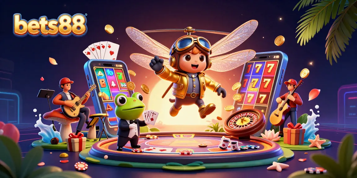 Bets88 offers a thrilling online casino experience with a cartoon dragonfly pilot and vibrant games.