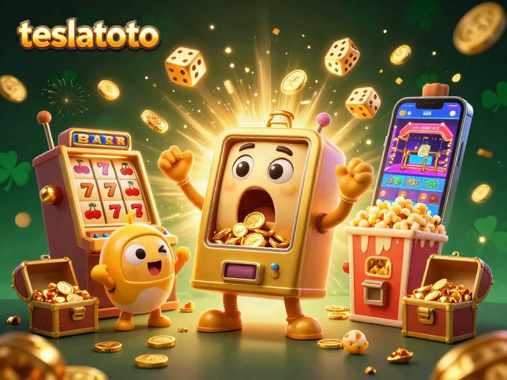 Experience thrilling action at teslatoto with a golden slot machine hitting jackpots and coins pouring out!