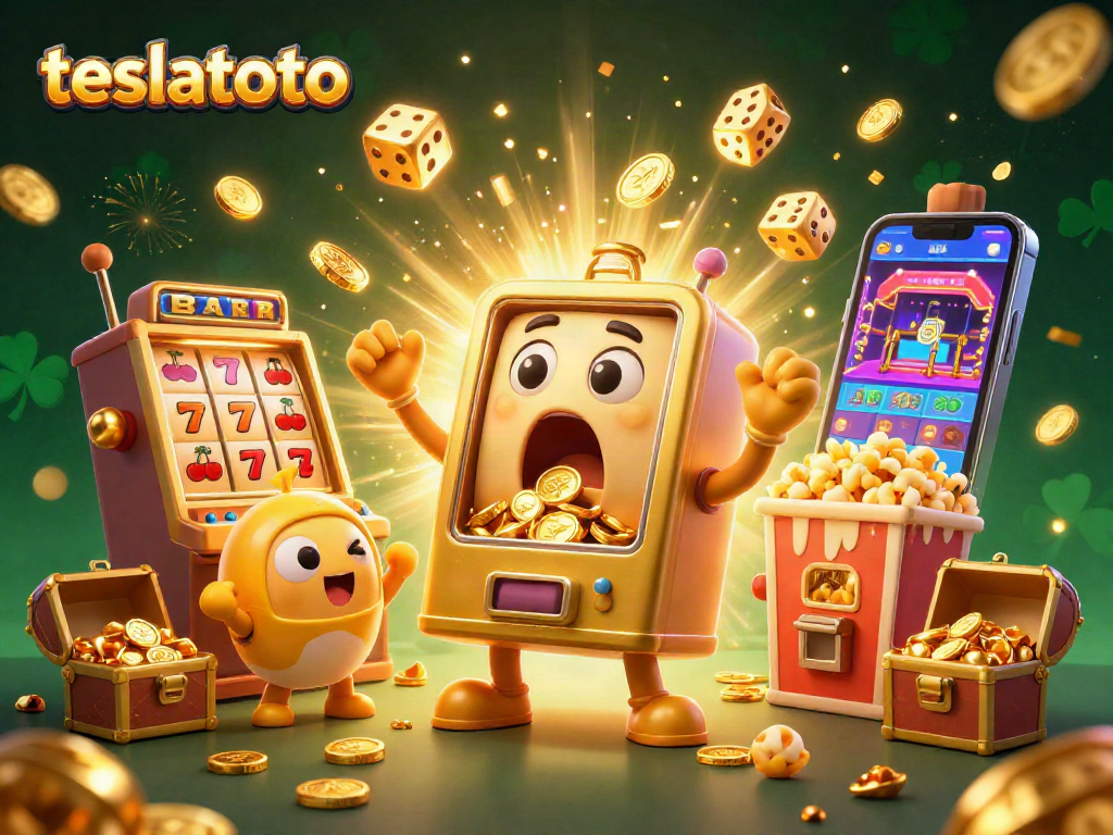 Experience thrilling action at teslatoto with a golden slot machine hitting jackpots and coins pouring out!